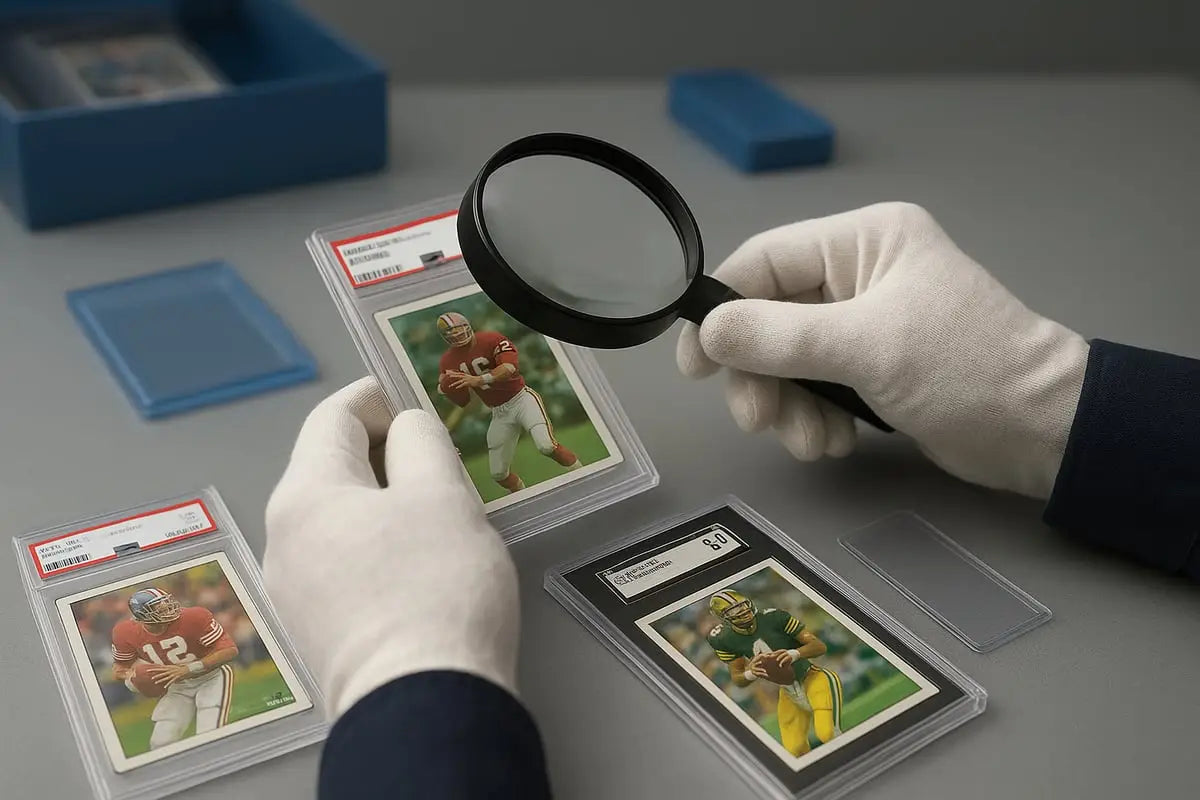 Magnifying glass examining football cards market details