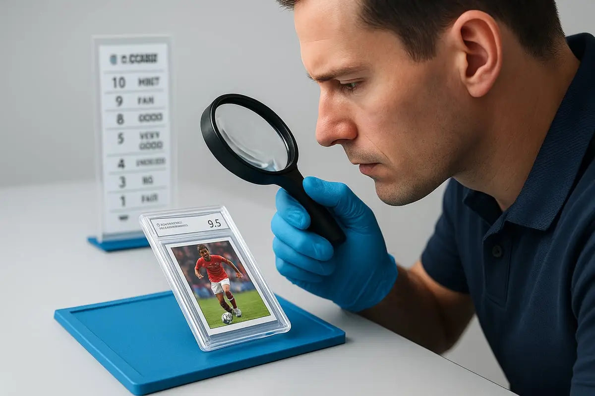 Magnifying glass examining soccer trading cards closely
