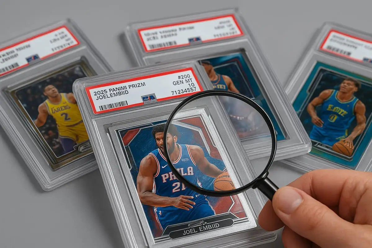 Magnifying glass examining slabbed 2025 Panini Prizm Joel Embiid basketball card