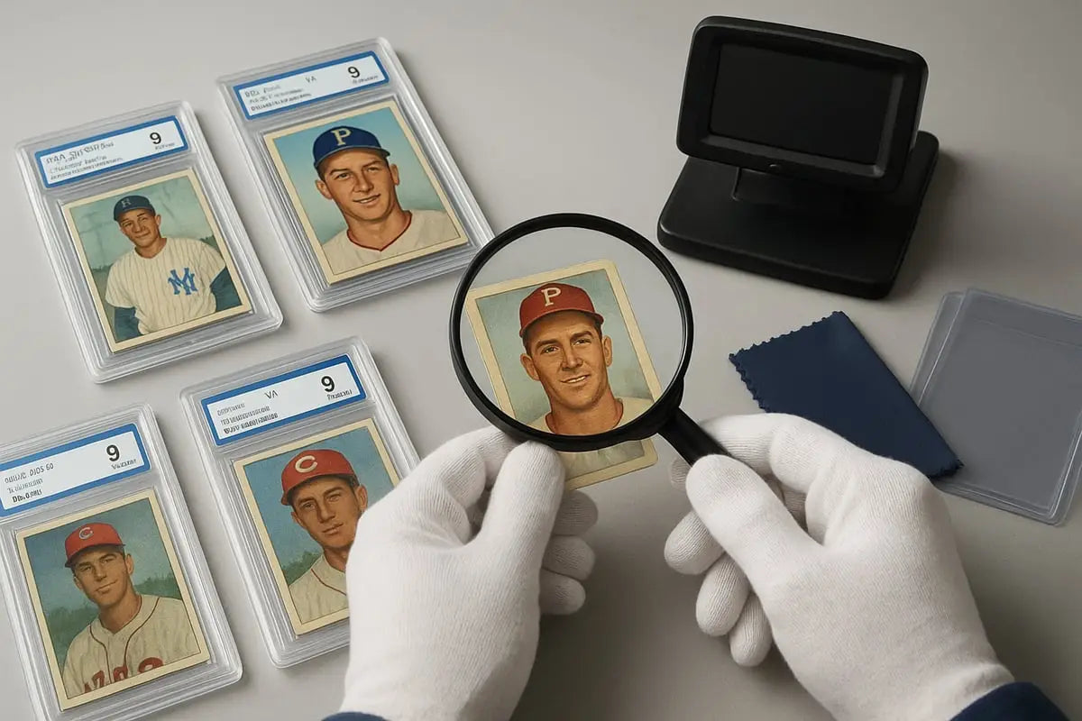 Gloved hands using magnifying glass for sports card grading on vintage baseball card