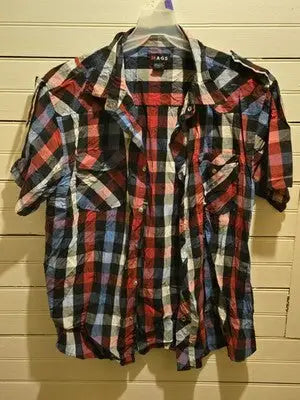 MAGS Shirt Mens 2XL Short Sleeve Plaid Button Up Casual Red Blue Black Top - Apparel