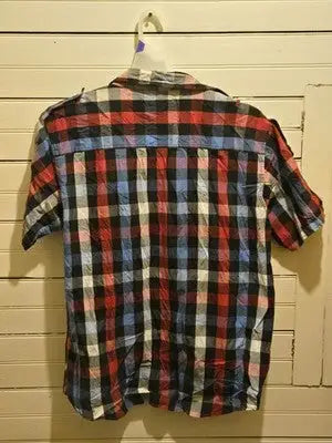 MAGS Shirt Mens 2XL Short Sleeve Plaid Button Up Casual Red Blue Black Top - Apparel