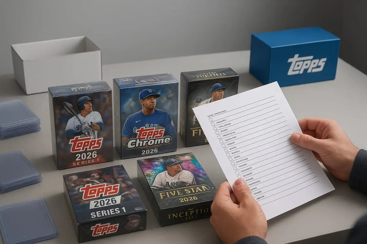 Hands holding white checklist before Topps hobby box of 2026 baseball cards