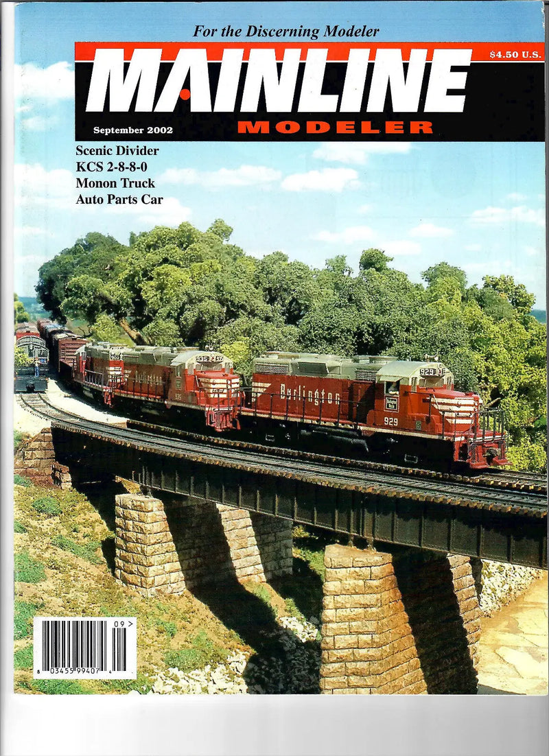 Mainline Modeler September 2002 magazine cover featuring a detailed Burlington Northern train diorama