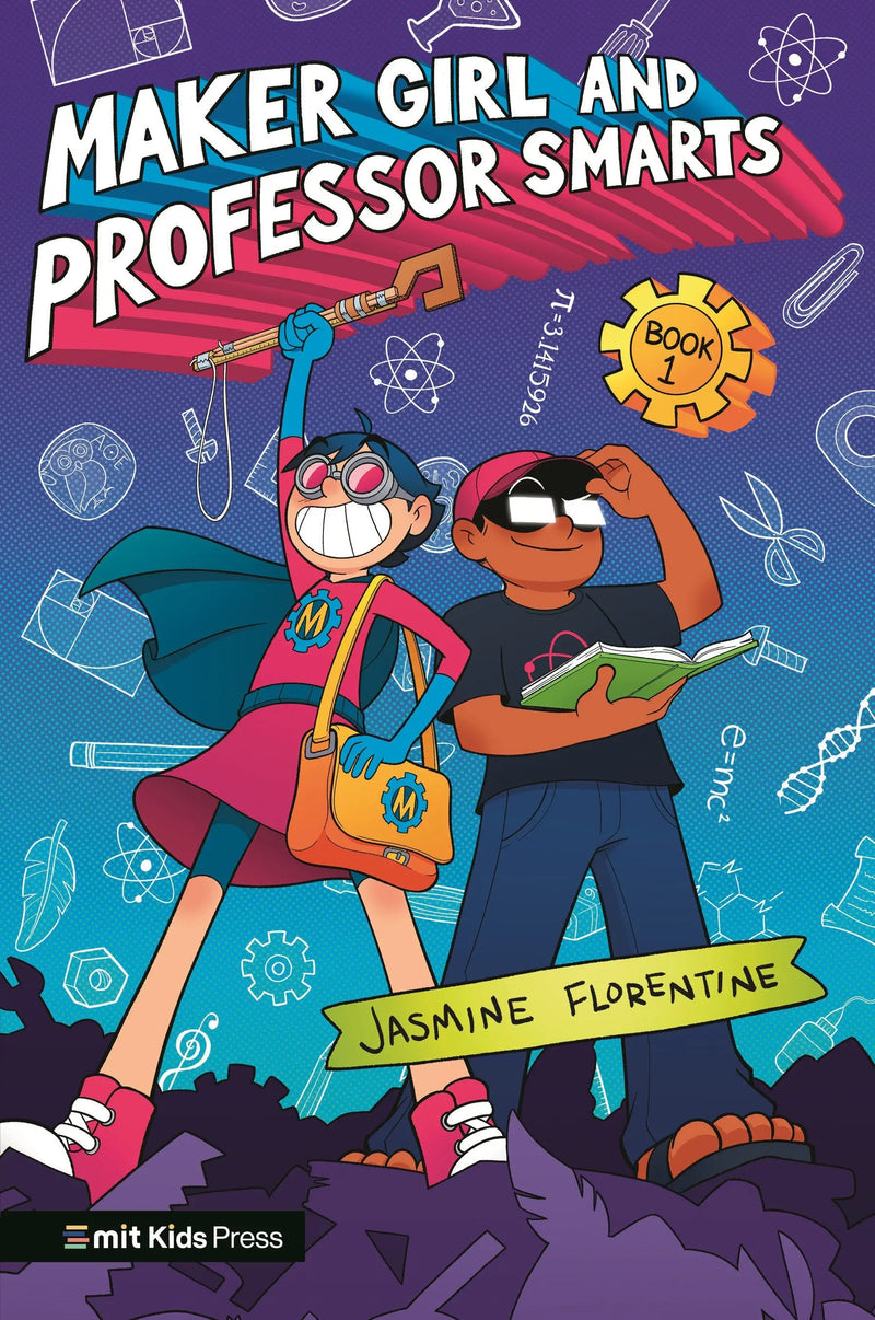 Children’s book Maker Girl and Professor Smarts with comic-style diverse characters and science doodles