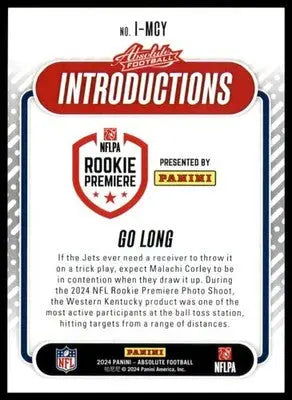 Malachi Corley 2024 Panini Absolute Introductions #I-MCY New York Jets