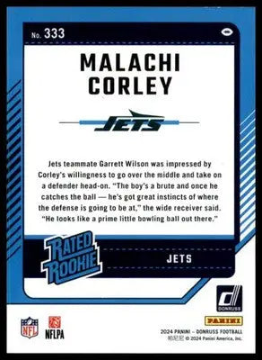 Malachi Corley Rookie 2024 Donruss #333 New York Jets - Football Card Single