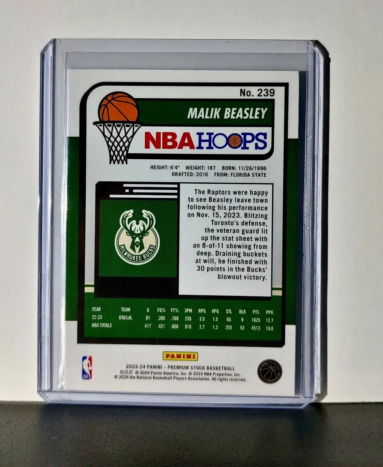 Malik Beasley 2023-24 Panini Premium Stock NBA Hoops #239 Card Milwaukee Bucks - Basketball Card Single