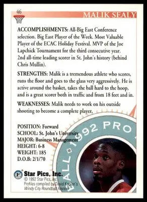 Malik Sealy 1992 Star Pics #46 St. John’s Redmen - Basketball Card Single