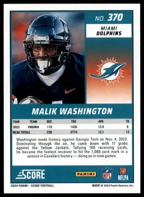 Malik Washington Rookie 2024 Score #370 Miami Dolphins - Football Card Single