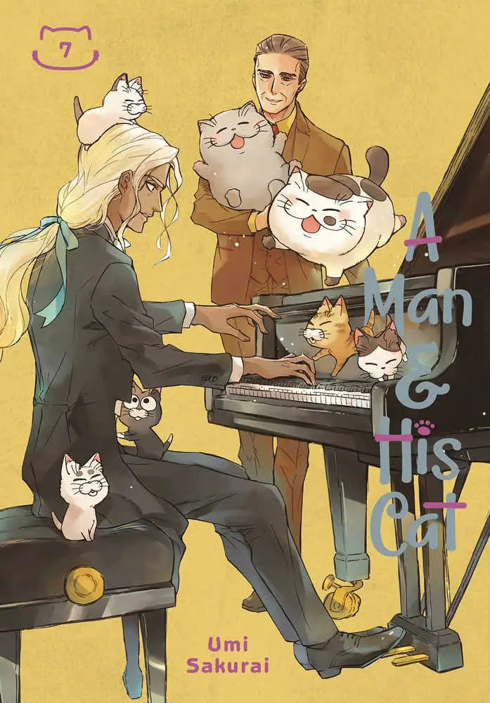 Manga cover of Man And His Cat Graphic Novel Volume 07 with a man playing piano and cats