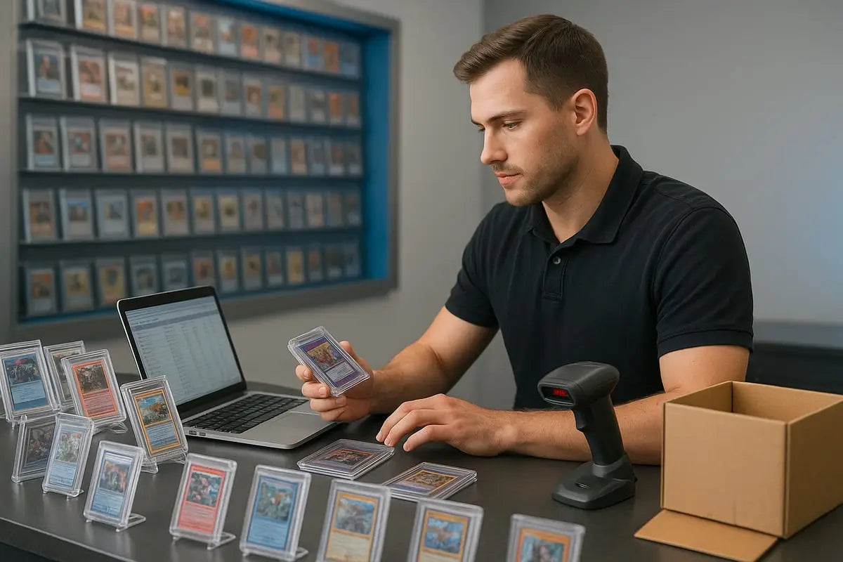 Man in black polo holds trading card in card shop display