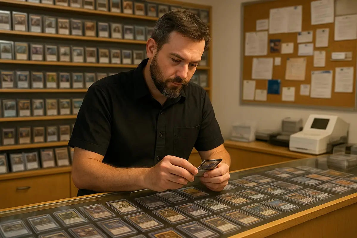 Man examining trading card in card shop trading display