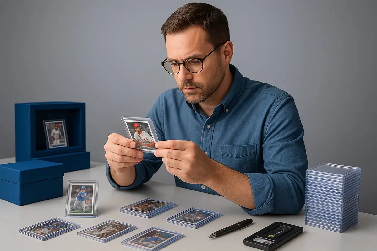 Man holding encased baseball cards in blue shirt on display table