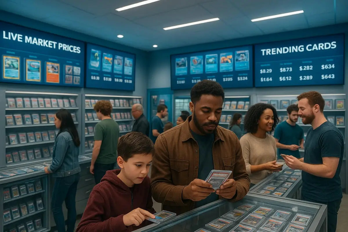 Man in brown jacket holds holographic Pokémon card at card shop trading counter
