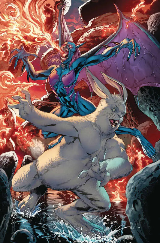 Muscular white-furred creature fights amidst fire in Man Goat & Bunnyman Beware Cover B Vitori
