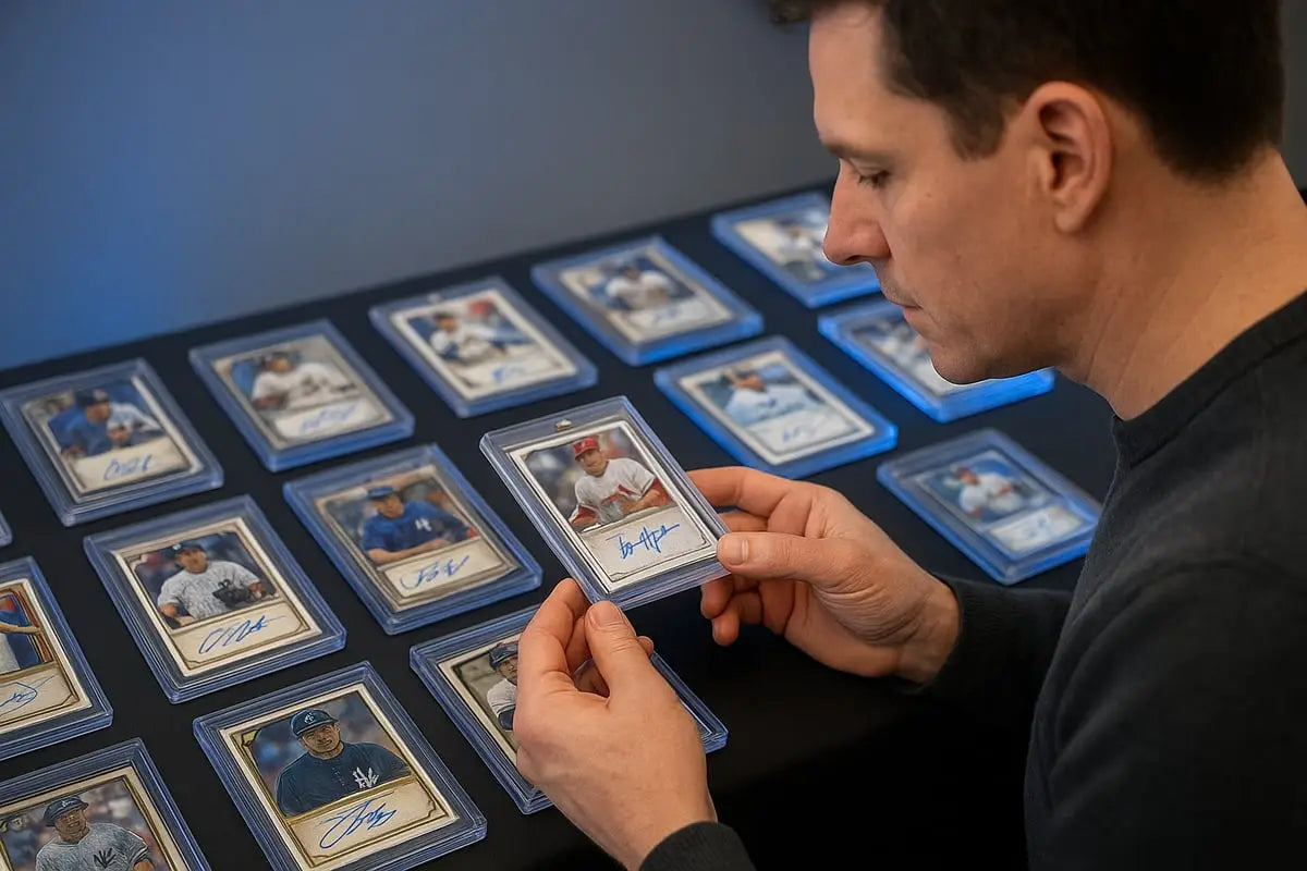 Man holding encased autographed jersey baseball card