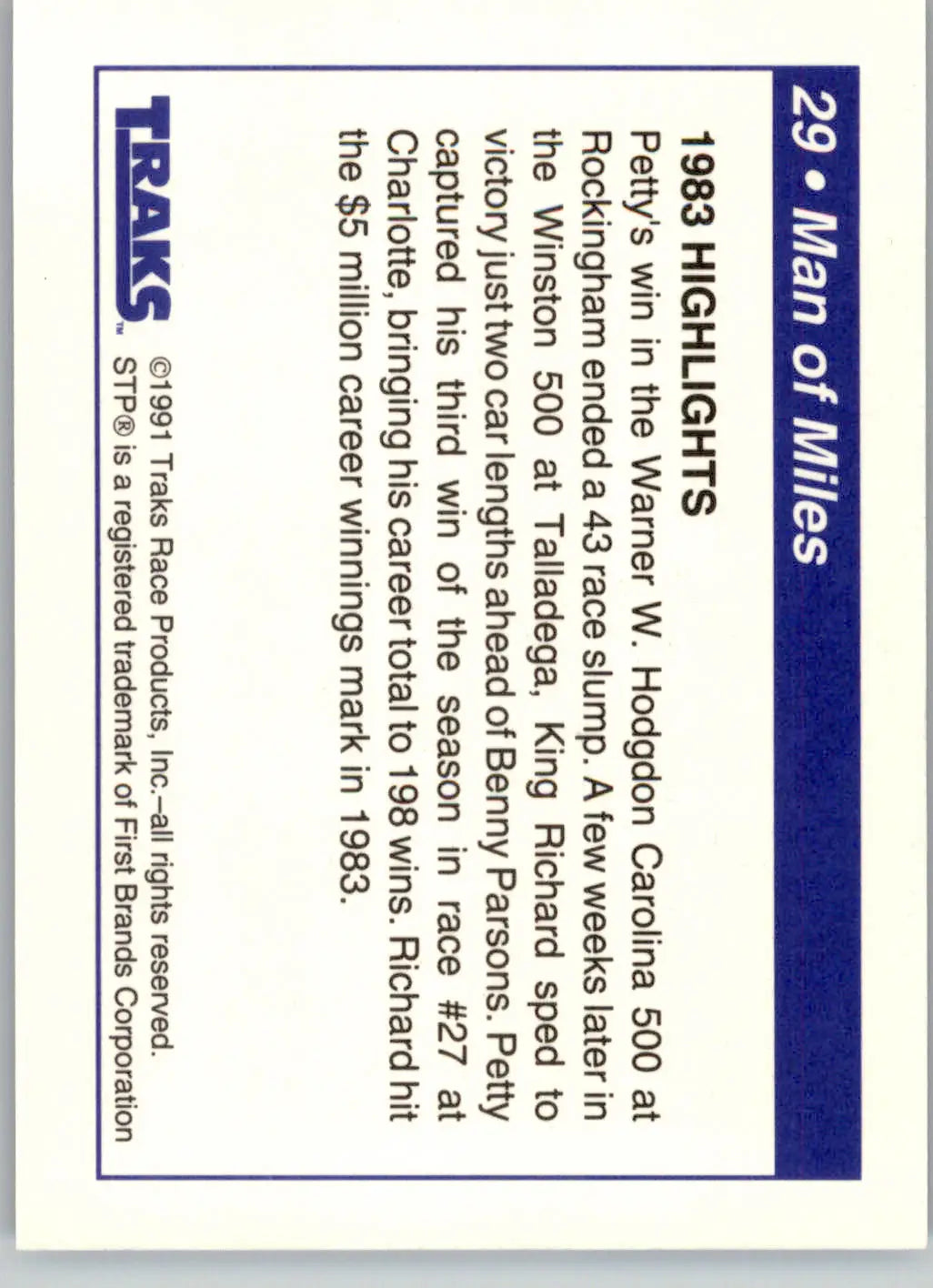 Man of Miles - 1991 Traks Richard Petty - #29 - Racing - Racing Card Single
