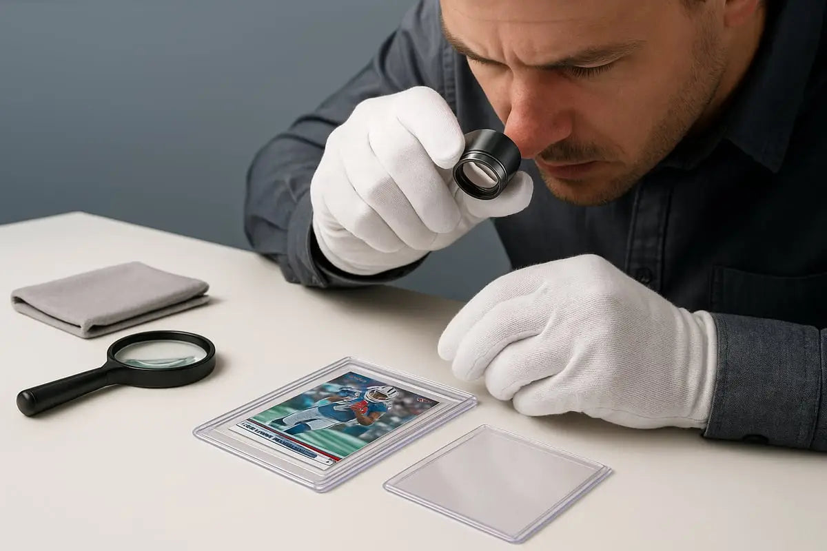 Man in white gloves examines sports card for grading under magnifying glass