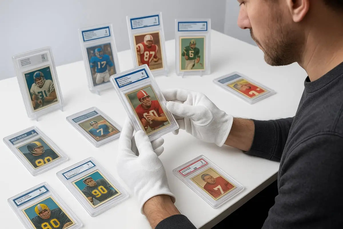 Vintage football rookie card in protective case for collectors
