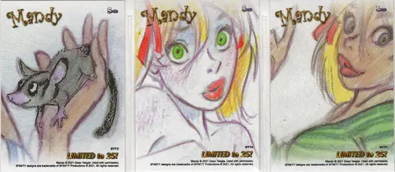 Three cartoon sketches of a mouse and faces from the Dean Yeagle Tribute card set