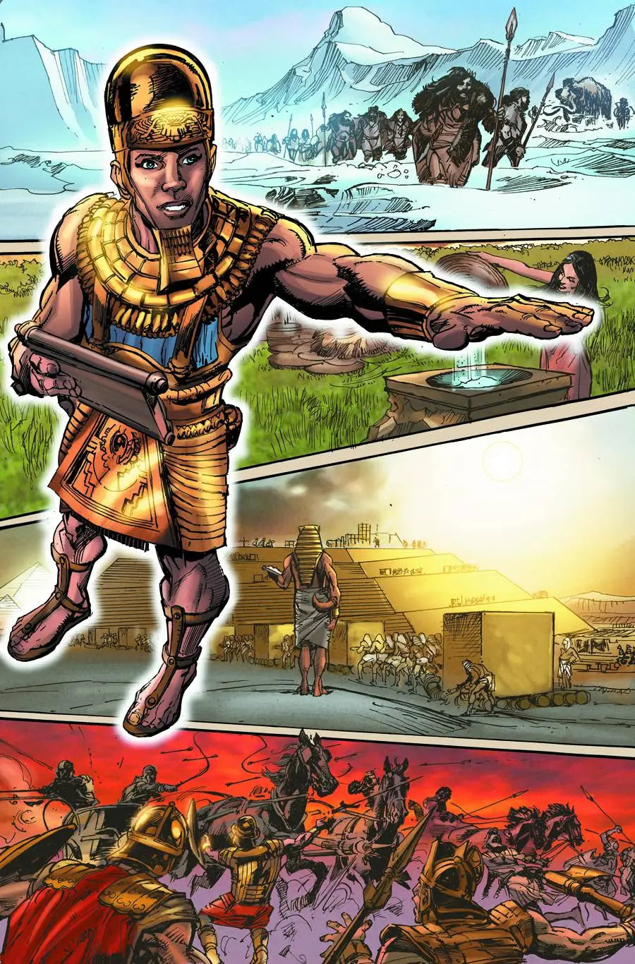 Comic book panel of a golden-armored warrior, featured in MANKIND STORY OF ALL OF US TP VOL 01