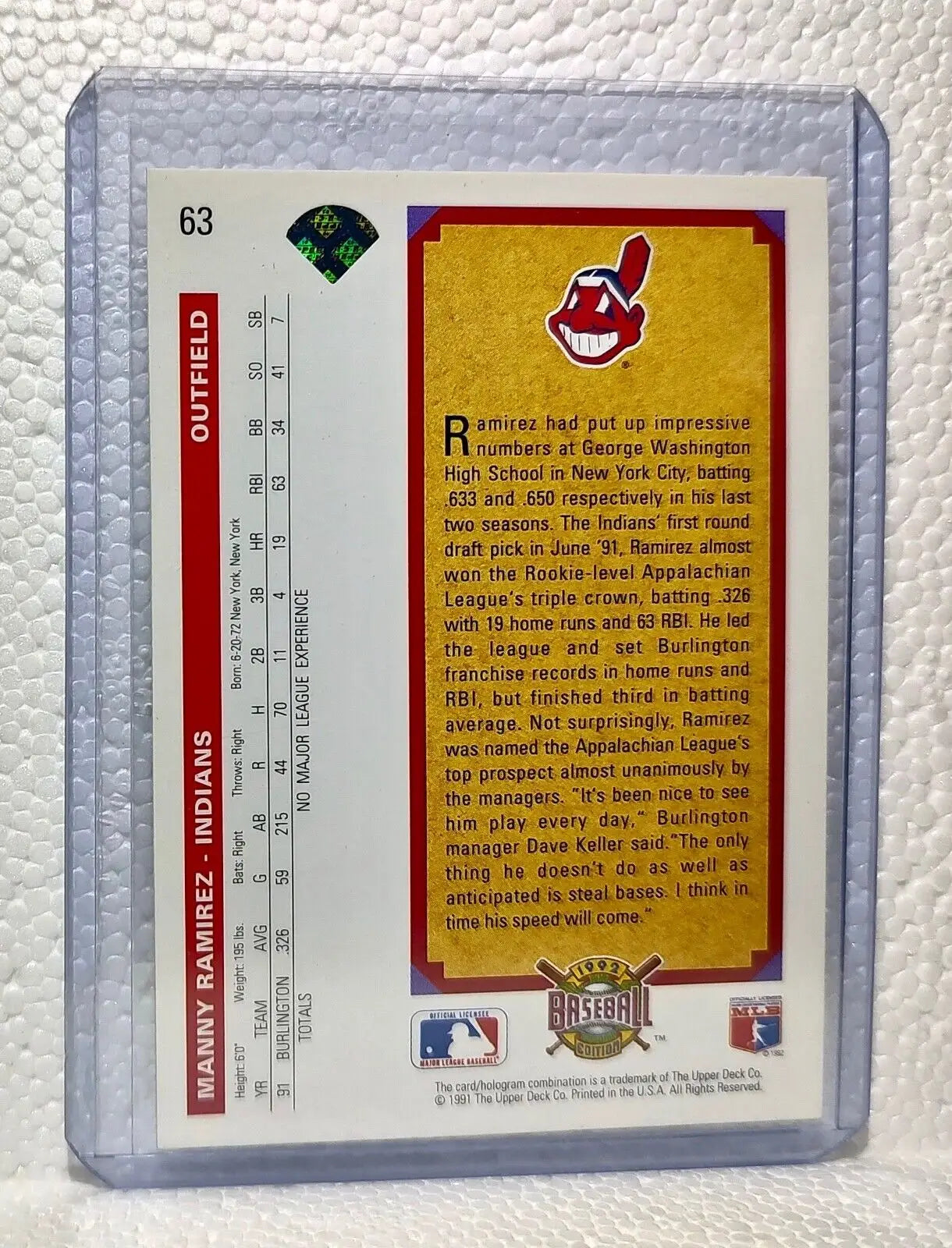Manny Ramirez 1992 Upper Deck MLB #63 Top Prospect Card Kinston Indians - Baseball Card Single
