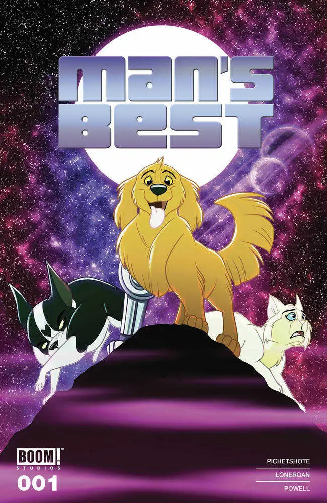 Comic book cover of Mans Best #1 featuring golden dog and cats against cosmic backdrop