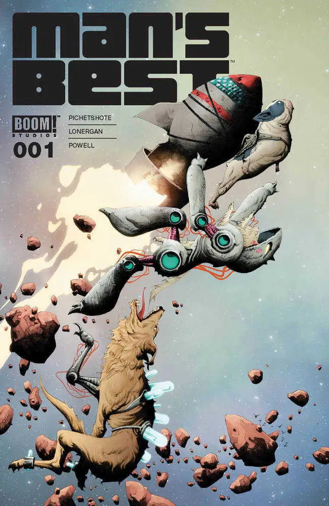 Comic book cover of Mans Best #1 featuring a robotic dog exploding into fragments