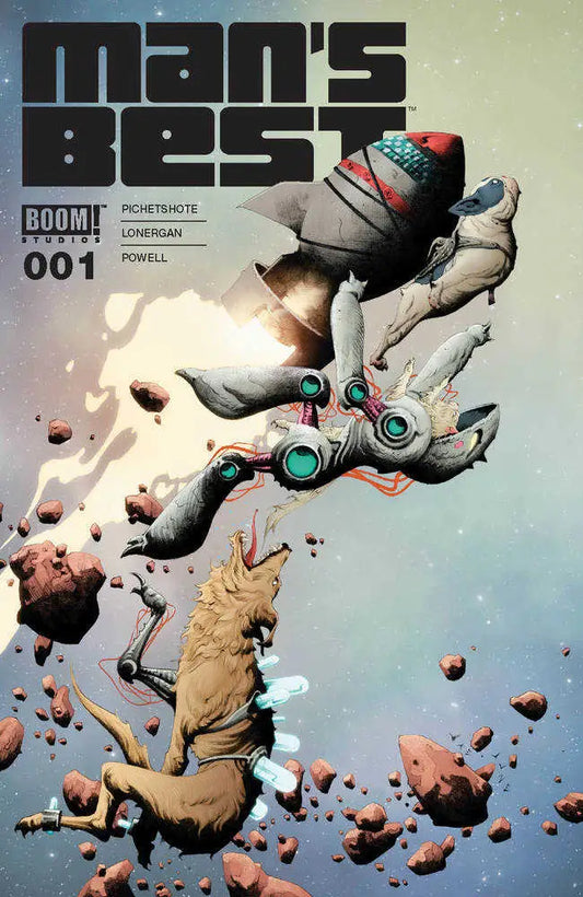 Comic book cover of Mans Best #1 featuring a robotic dog exploding into fragments