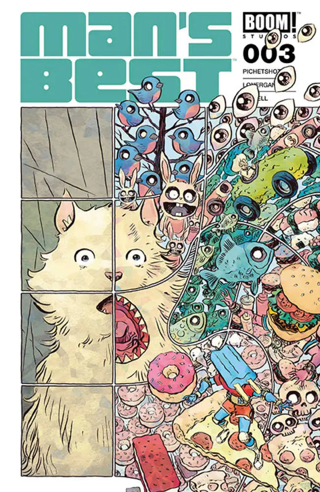 Comic book cover with cream cat looking at chaotic food, perfect for trading cards fans