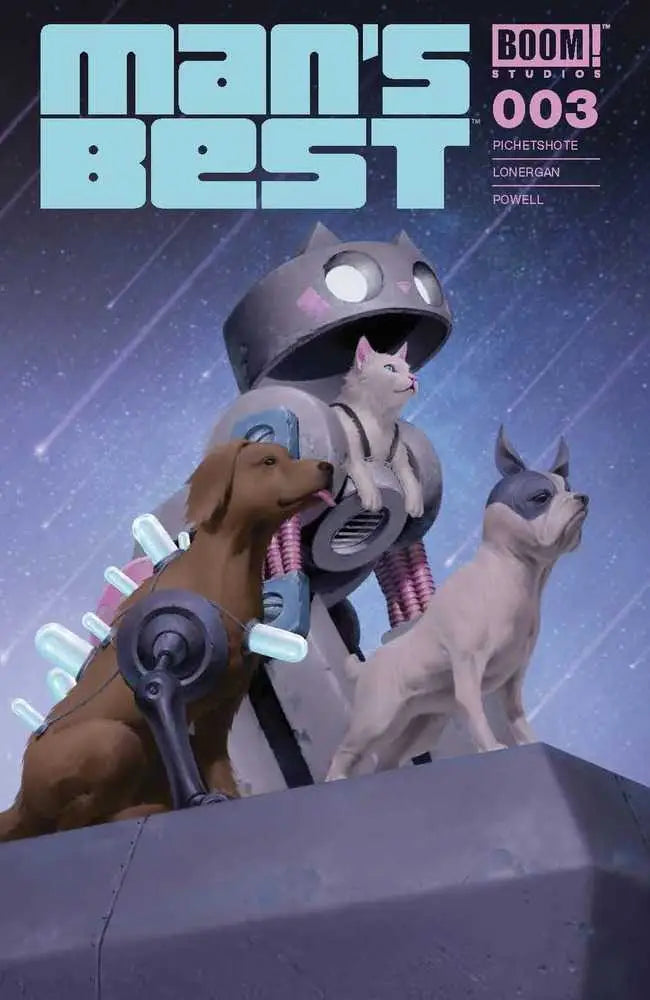 Comic book cover of Mans Best #3 with protective figure and dogs, perfect for baseball cards
