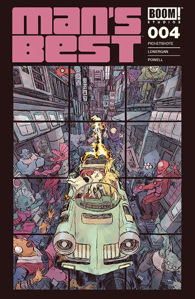 Mint green classic car in chaos on Mans Best #4 comic book cover featuring trading cards