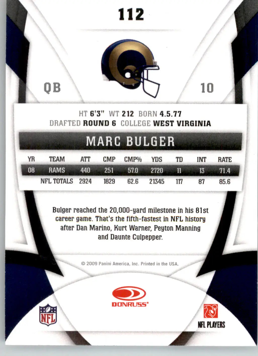 Marc Bulger - 2009 Donruss Certified - #112 - Football - Football Card Single
