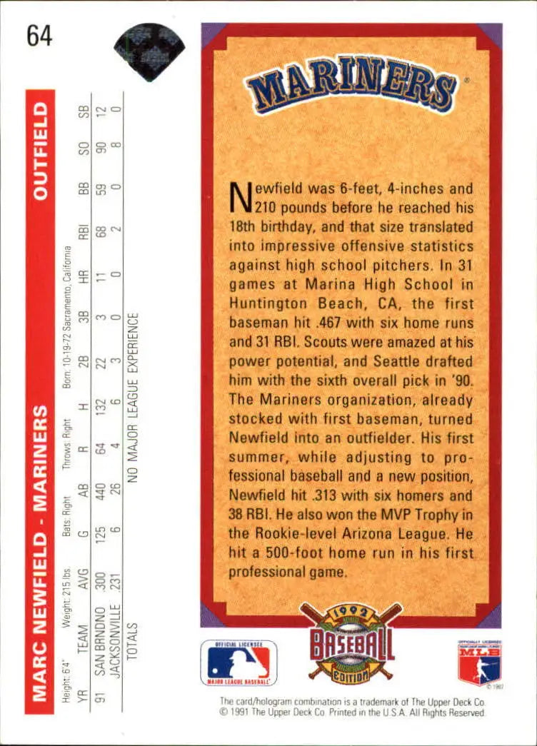 Marc Newfield 1992 Upper Deck MLB #64 Baseball Card Seattle Mariners