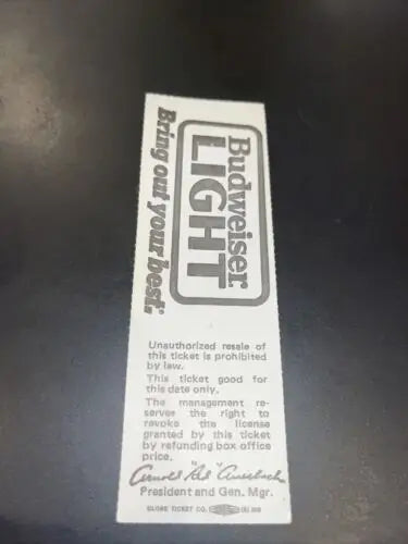 Budweiser Light ticket from March 16, 1984 Celtics vs Bucks with score stats starters