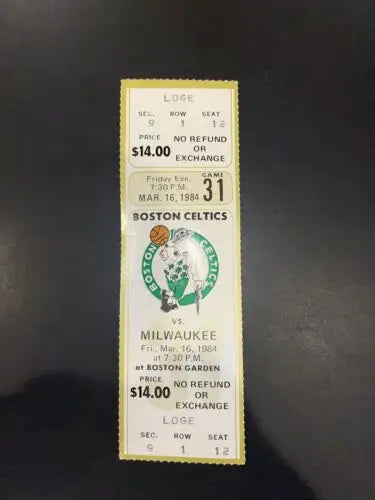 Vintage Boston Celtics game ticket from March 16, 1984, featuring score stats starters