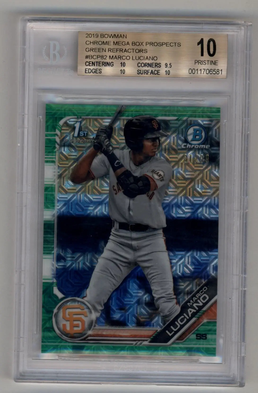 Marco Luciano 2019 Bowman Chrome Mega Box Prospects Green Refractor 81/99 BGS 10 Pristine - Baseball Card Single