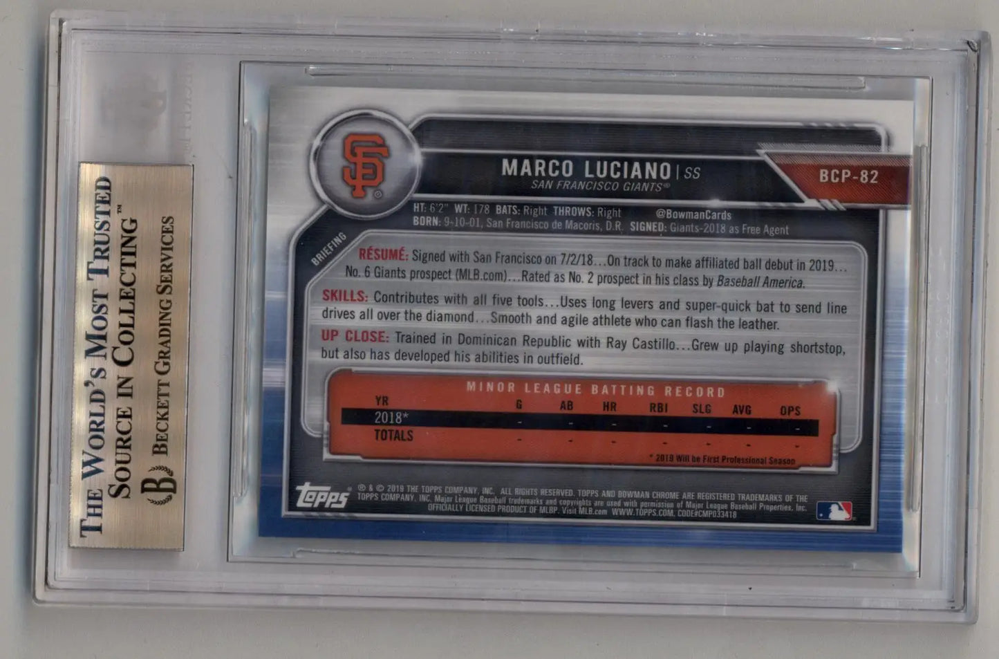 Marco Luciano 2019 Bowman Chrome Mega Box Prospects Green Refractor 81/99 BGS 10 Pristine - Baseball Card Single