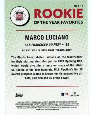 Marco Luciano 2024 Bowman Rookie of the Year Favorites #ROY-11 SF Giants - Baseball Card Single