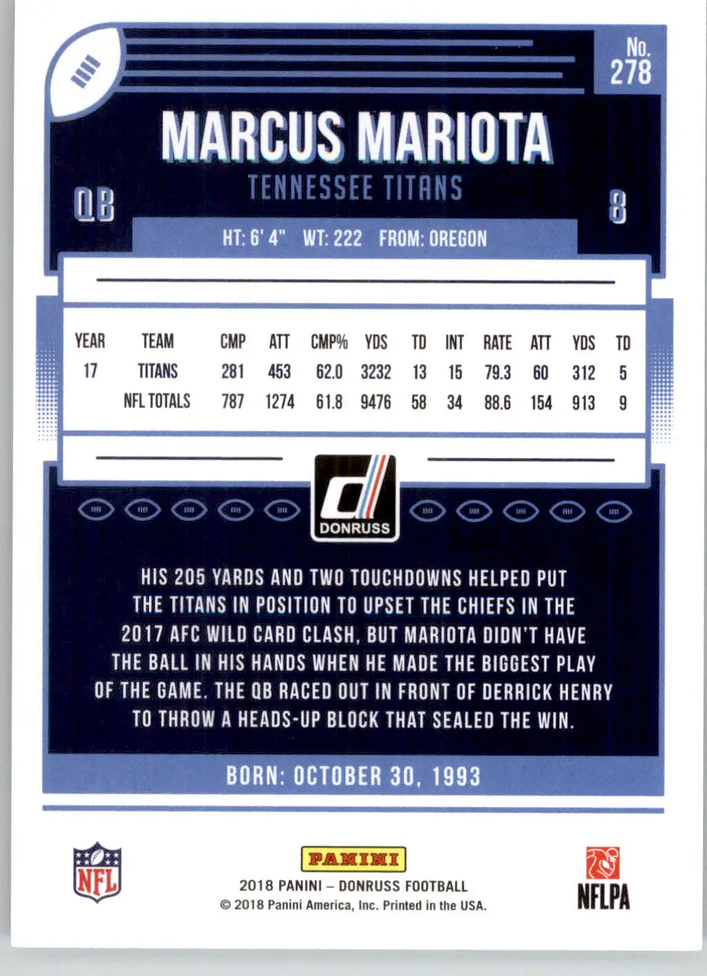 Marcus Mariota - 2018 Donruss - #278 - Football - Football Card Single