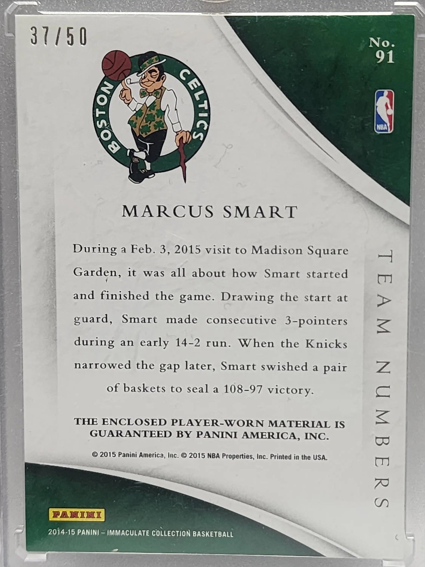 Marcus Smart 2014 Panini Immaculate Team Numbers Jumbo Patch #37/50 - Basketball Card Single