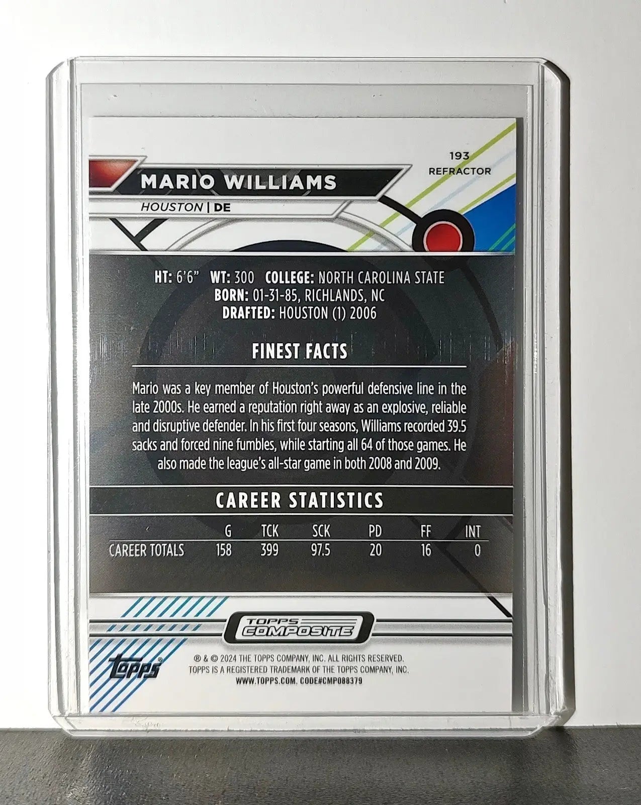 Mario Williams 2023 Topps Finest Refractor NFL #193 Football Card Houston Texans