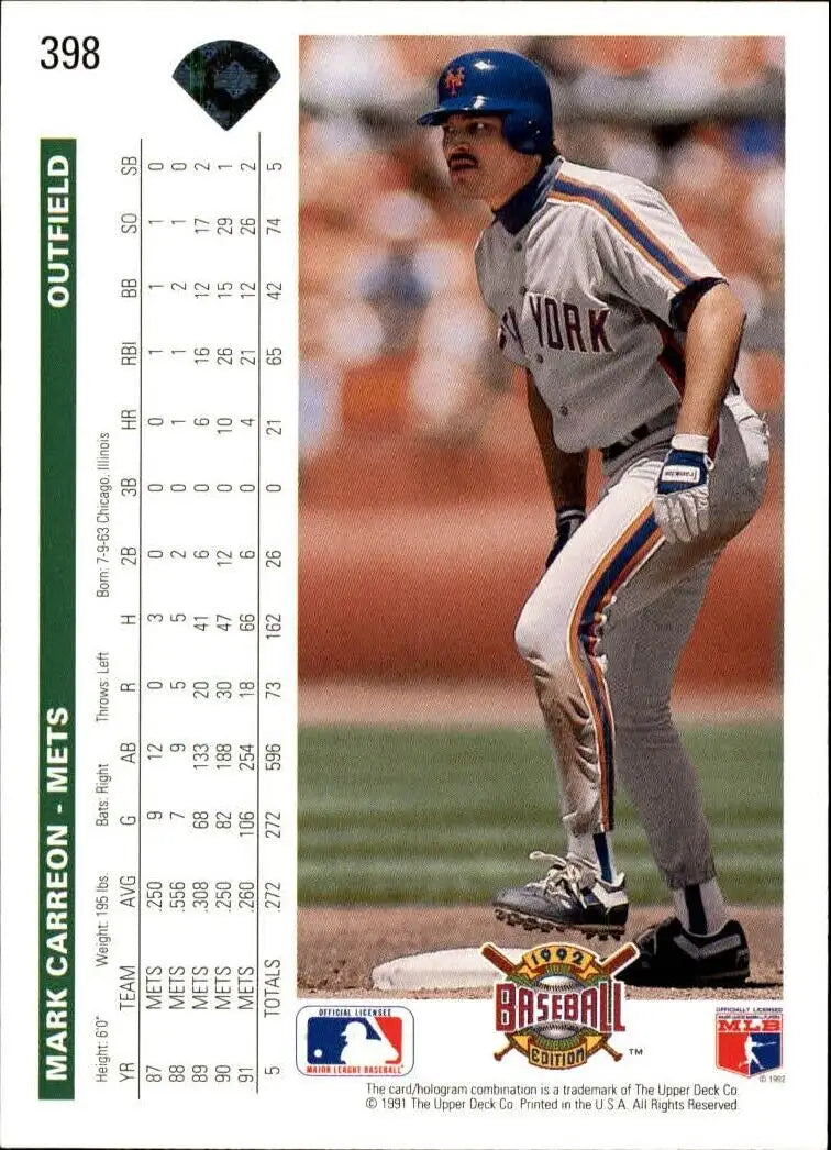 Mark Carreon 1992 Upper Deck MLB #398 Baseball Card New York Mets