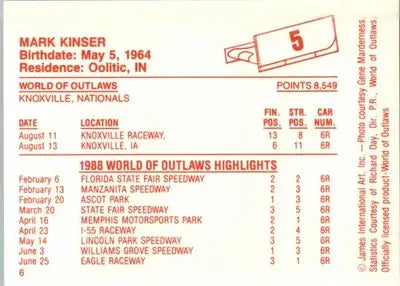 Mark Kinser - 1988 World of Outlaws - #5 - Racing - Racing Card Single