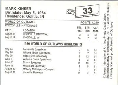 Mark Kinser - 1989 World of Outlaws - #33 - Racing - Racing Card Single