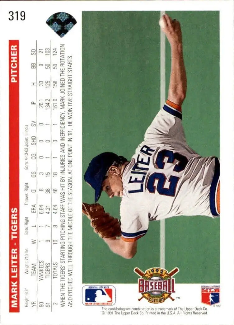 Mark Leiter 1992 Upper Deck MLB #319 Baseball Card Detroit Tigers