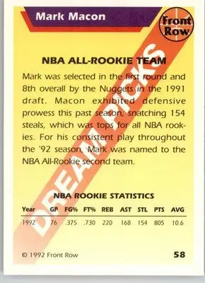 Mark Macon - 1992 Front Row Dream Picks - #58 - Basketball - Basketball Card Single