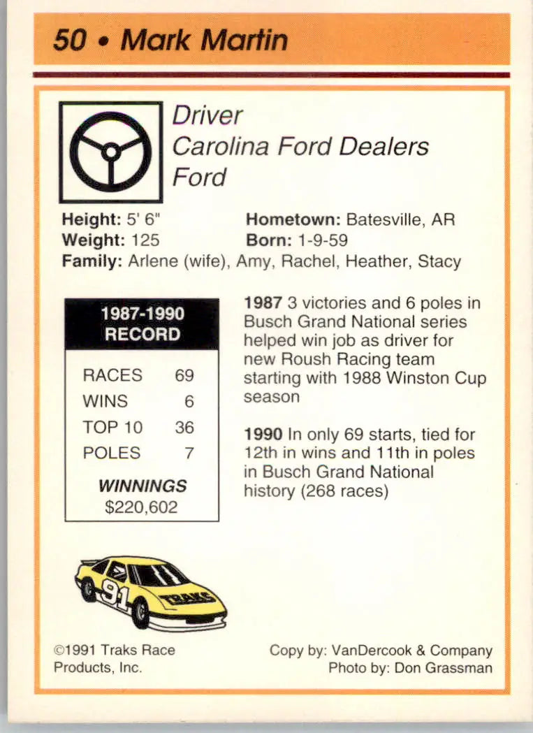 Mark Martin - 1991 Traks - #50 - Racing - Racing Card Single