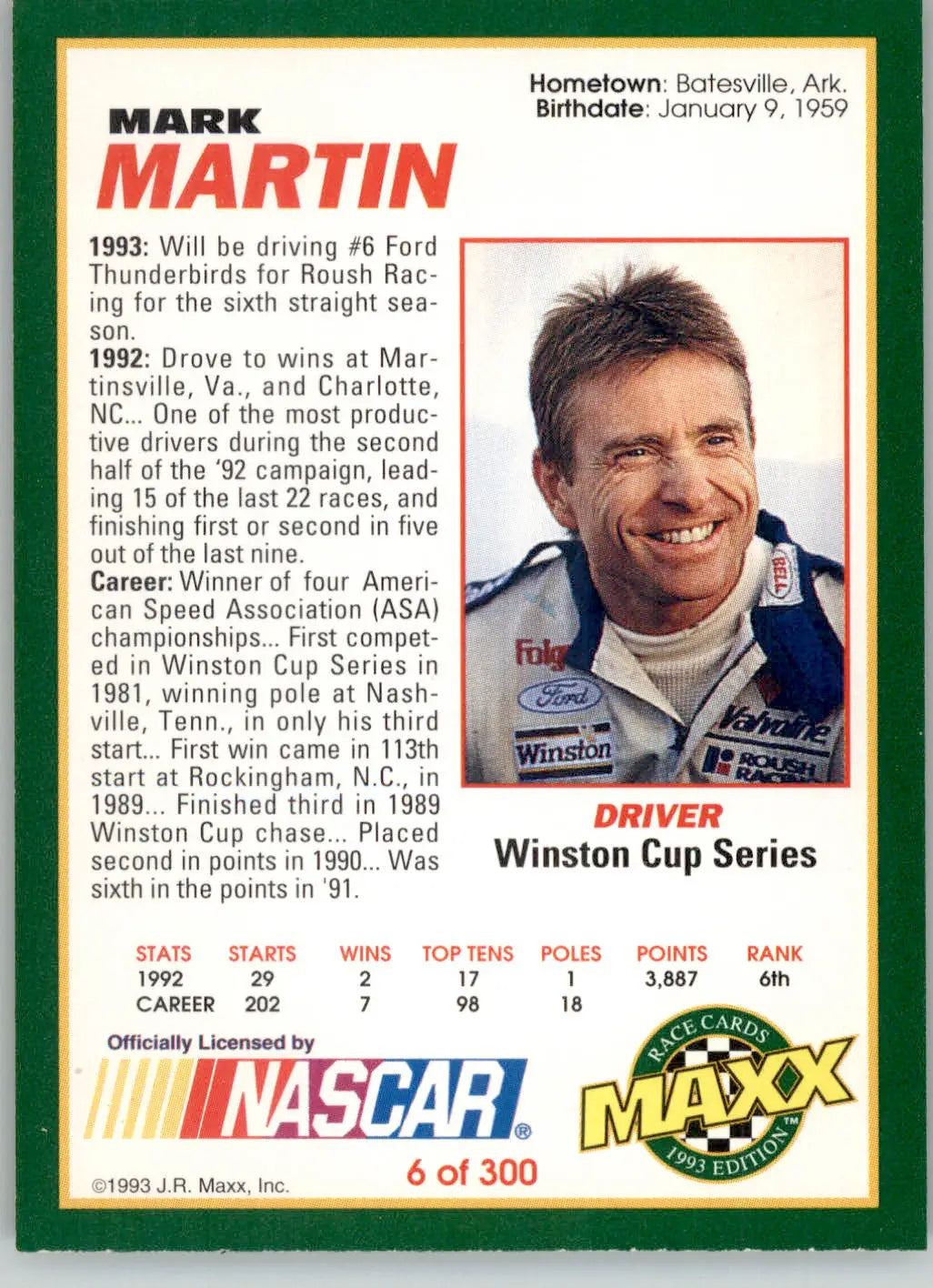 Mark Martin - 1993 Maxx - #6 - Racing - Racing Card Single